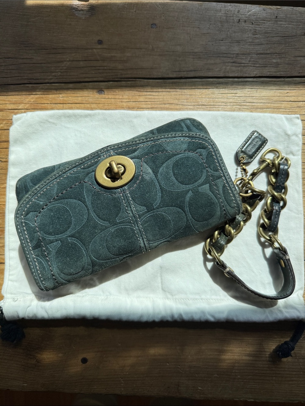 HTF Coach Legacy Atlantic Teal Embossed Suede Signature Turnlock Wristlet 40714